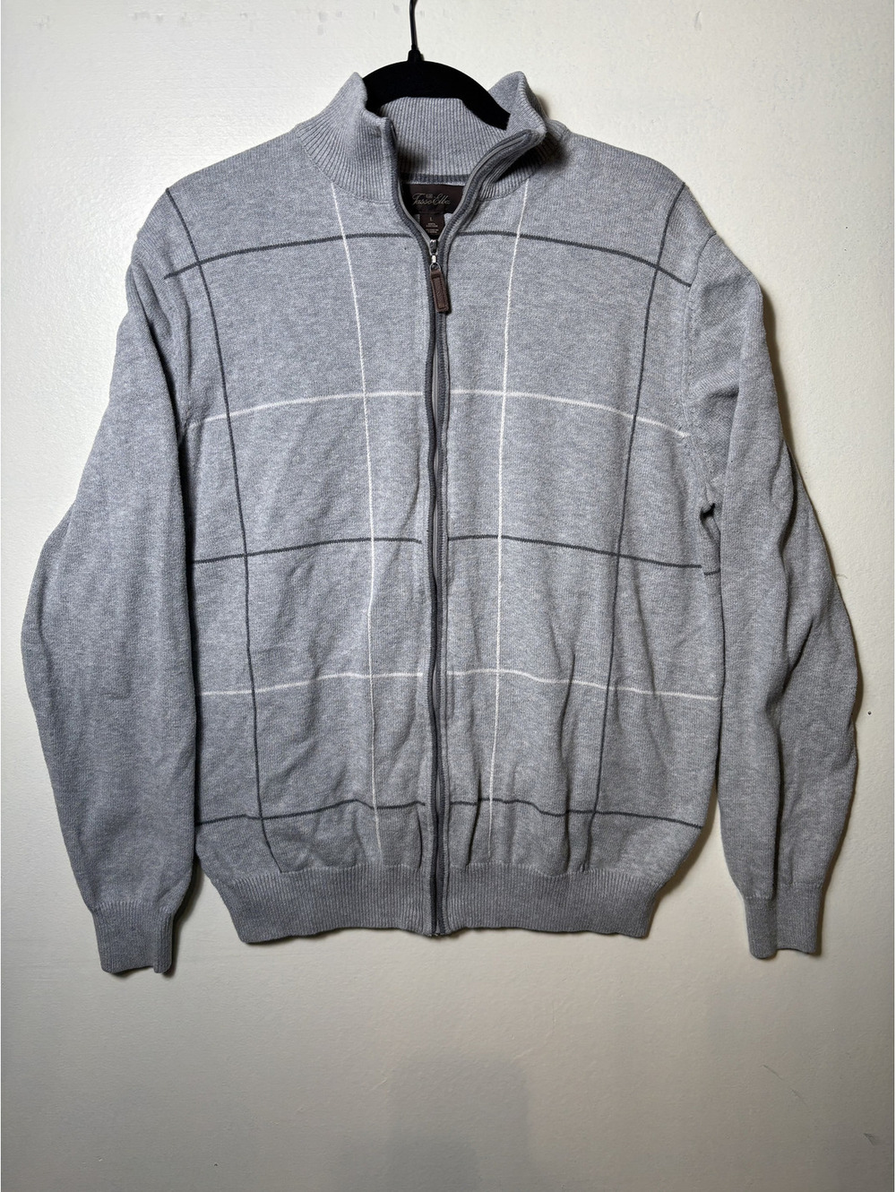 Tasso Elba Full Zip Sweater Large Gray Windowpane Cotton